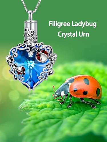 JKR Heart Urn Necklace for Ashes Crystal Keepsake Pendant Memorial Jewelry - style: Ladybug-Blue Heart