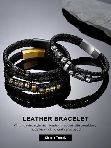 Bestyle Genuine Men Leather Bracelets Fashion Stainless Steel Celtic Beaded Wristband for Men, Size 7.5/8.3/9.1/9.8Inch Men Bracelet, Message Card Offered - style: 0. Viking Celtic Charm-Stainless Steel