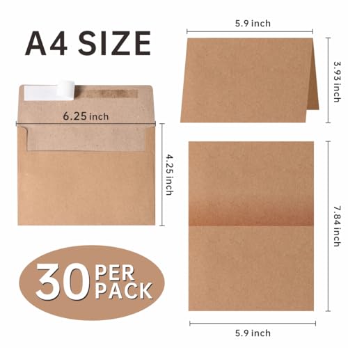 30 Sets A4 Cards & Envelopes 4x6, Kraft Blank Folded Cards Rustic Wedding - color: Kraft, size: 30 Pack A4 (4.72x6.50in) Cards and Envelopes