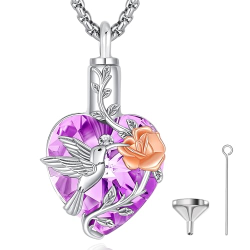 EUDORA Sterling Silver Urn Necklace for Ashes for Women Men, Ash Pendant for Human Cat Dog Ashes, Necklace for Ashes of Loved One Dad Mom Papa Pet Cremation Souvenir Jewelry for Funeral, 20inch - color: C3-Hummingbird and Purple Austrian Crystal