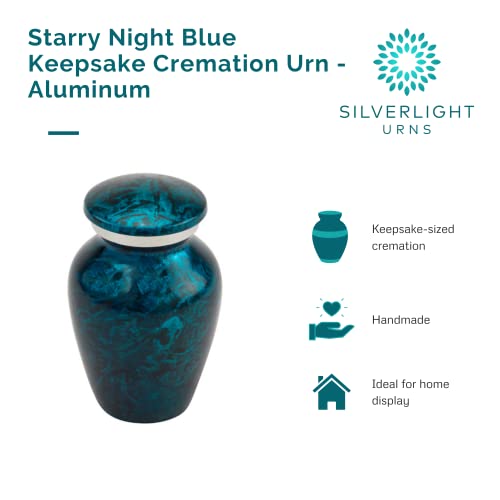 Starry Night Blue Keepsake Cremation Urn for Ashes, Aluminum, Blue Urn, Keepsake Sized Cremation Urn, 3 Inches High - color: Starry Night