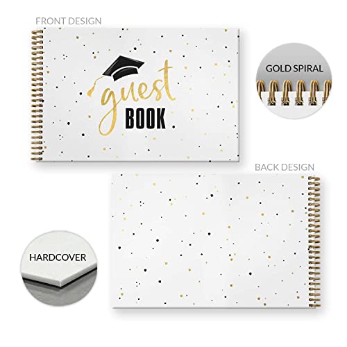 Hardcover Black Faux Gold Graduation Guestbook / 120 Lined Guest Signature Pages Inside / 5.5" x 8.5" Landscape Lay Flat Gold Metal Spiral Binding Gender Neutral Grad Party Décor