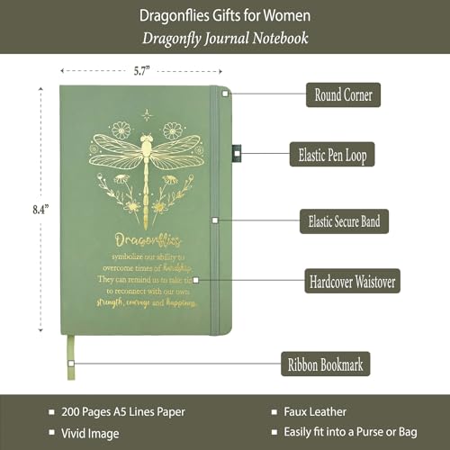 Dragonfly Gifts Women, Inspirational Encouragement Dragonfly Gift Ideas | Hardcover Notebook Gold Foil 200 Pages A5 Lined, Dragonfly Themed Gift for Dragonfly Lover Friend Birthday Holiday Christmas - color: Sage Green