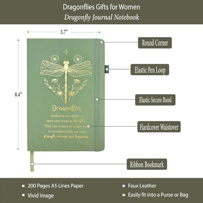 Dragonfly Gifts Women, Inspirational Encouragement Dragonfly Gift Ideas | Hardcover Notebook Gold Foil 200 Pages A5 Lined, Dragonfly Themed Gift for Dragonfly Lover Friend Birthday Holiday Christmas - color: Sage Green