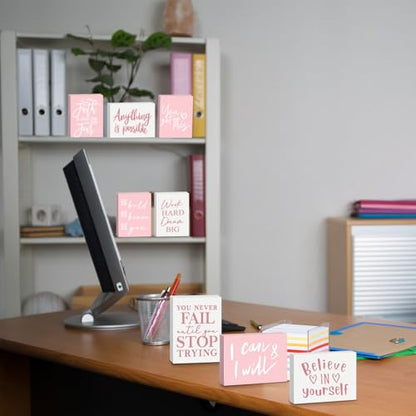 Rossesay 9 Pcs Mini Inspirational Wooden Signs for Desk Table,Pink - color: Pink