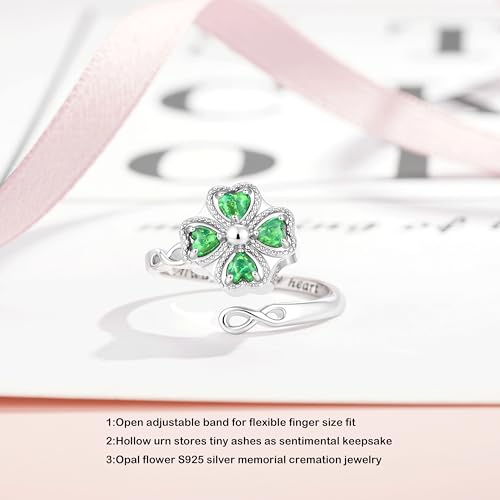 ZOEXUE Four Leaf Clover Cremation Urn Ring for Women, 925 Sterling Silver Adjustable Open Memorial Keepsake Ring with Opal Stones, Holds Ashes Bereavement Sympathy Gift - color: green