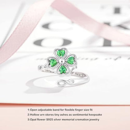 ZOEXUE Four Leaf Clover Cremation Urn Ring for Women, 925 Sterling Silver Adjustable Open Memorial Keepsake Ring with Opal Stones, Holds Ashes Bereavement Sympathy Gift - color: green