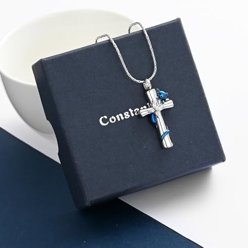 constantlife Cross Urn Necklace for Ashes Cat Butterfly Cremation Jewelry for Women Men Memorial Pendant Chain Human Pet Ashes Holder - color: Blue