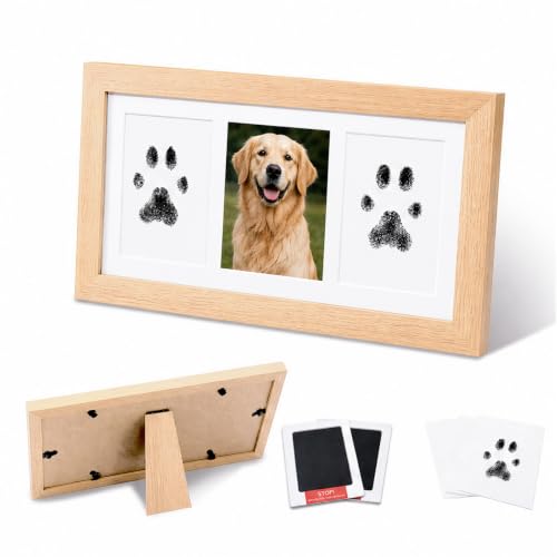 Pet Memorial Photo Frame, No-Mess Paw Print Ink Pad Kit for Dog Cat, Rustic Pet Loss Sympathy Keepsake, Cherish Furry Family Member Memory（Natural Wood） - color: natural wood
