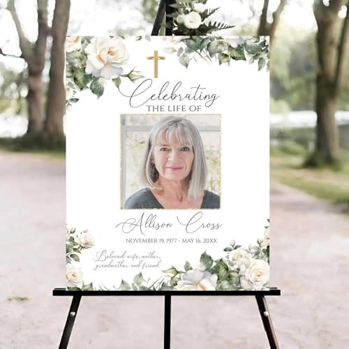 BBLI Custom White Roses Funeral Welcome Sign With Photo, Personalized Celebration of Life Memorial Yard Sign Decorations, In Loving Memory Funeral Reception Party Decor