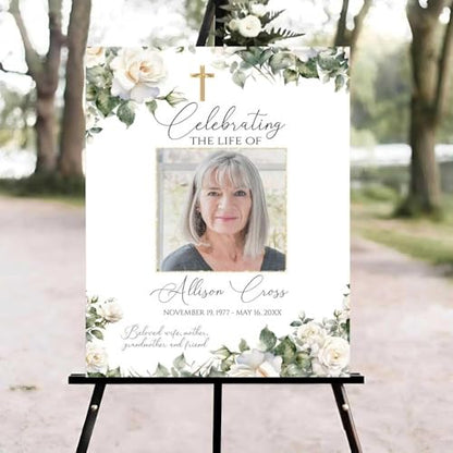 BBLI Custom White Roses Funeral Welcome Sign With Photo, Personalized Celebration of Life Memorial Yard Sign Decorations, In Loving Memory Funeral Reception Party Decor