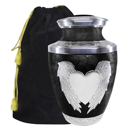 M MEILINXU Black Urn for Human Ashes Adult Male, Angel Wings Cremation Urn | Black Burial Urn for Women, Heart Memorial for Cremated Remains, Cemetery Interment, Home Remembrance or a Columbarium Niche - color: Black