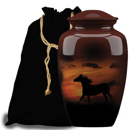 Forever URNS Adult Cremation Funeral Urn with Printed Black Horse in Evening Sunlight Theme for Human Ashes of Female & Male | 200 cu in | Large | Completely Handcrafted with Velvet Protection Bag