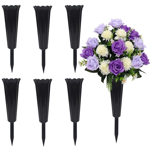 Memorial Floral Vases, Cemetery Vase, Headstones Flower Holder, Plastic Cemetery Vases with Ground Spikes – Memorial Flower Holders for Graves, Headstones & Outdoor Decor (6, Black) - color: Black