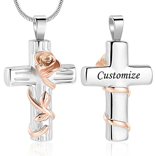 Rose Flower Urn Necklace for Ashes Stainless Steel Rose Flower Corss Memorial Cremation Jewelry Ash Keepsake Pendant Necklace for Women Men - color: Customize