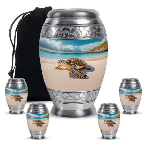 Sea Turtle Cremation Urns for Ashes – Combo of 5 with 8 Inch Sunset Heart Funeral Urn for Adult Female, Mom & Dad and 3 Inch Blue Mini Beach Keepsake Urns for Men & Women – Burial Memorial Set | Cremation Urns for Adult Male - Cremation Urn for Ashes for