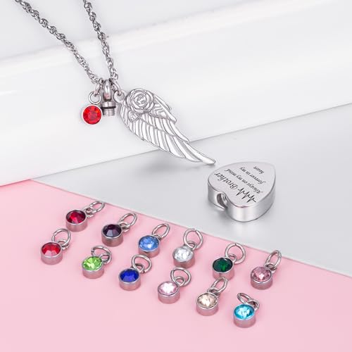 Gredstar Heart Urn Necklace for Ashes, ECG Memorial Pendant | Heartbeat Line, Angel Wing, 12 Birthstones, Stainless Steel, Screw Closure, Funnel & Box Included - style: Brother