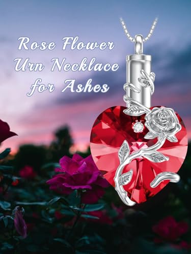 OCJ Heart Rose Flower Urn Necklace for Ashes Women Birthstone Cremation Necklaces Sterling Silver Memorial Cremation Jewelry Gifts - color: 01-Jan-Garnet