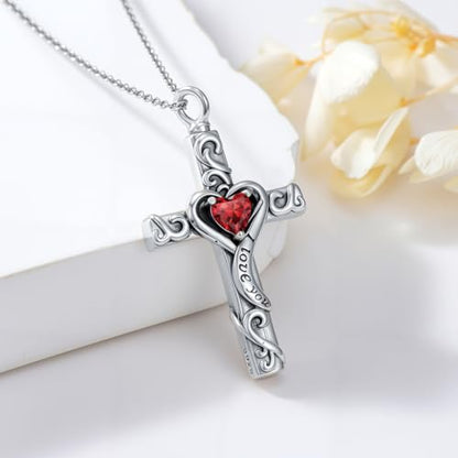 TOUPOP Cross Urn Necklaces for Ashes Birthstone Cremation Jewelry 925 Sterling Silver Cross Memorial Keepsake Jewelry for Women (with Funnel Filler) - color: 01-January-Garnet