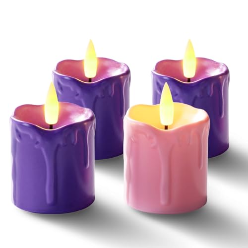 Homemory 2"x 2" Purple & Pink 6 Hour Timer Flameless Votive Candles, 6 Pack | Battery operated, 400+ hours runtime, flickering flame, 3d wick fake candle for christmas advent wreath & ritual decor - color: Purple & Pink