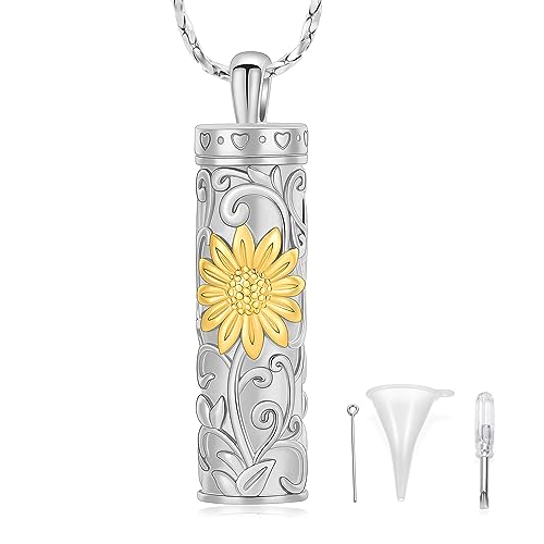 Sunflower Urn Necklace for Ashes Cylinder Bar Necklace for Ashes for Women Pendant Keepsake for Ashes Memory Cremation Jewelry Sunflower Celtic Necklace Jewelry for Women - color: Silver-gold