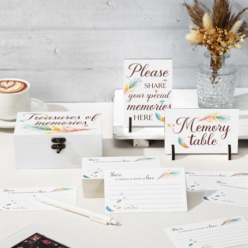 Gilprop 112 Pcs Celebration of Life Memory Cards Set Share a Memory Cards with Box 2 Wood Sign with 4 Hold and 5 Pens, Sympathy Memorial Gifts Funeral Keepsake Decorations(Feather) - style: Feather