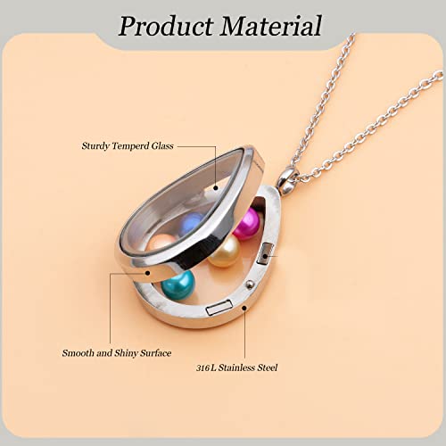 2PCS 30MM Floating Charm Locket Necklace with 6 Freshwater Pearls/Beads,316L Stainless Steel Clear Glass Locket,Small Waterproof Living Memory Pendant for Women(Without Chain) - color: Teardrop