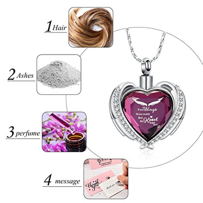 Imrsanl Cremation Jewelry for Ashes Pendant - Crystal Heart Urn Necklace with Mini Keepsake Urn Memorial Ash Jewelry - color: Wings-Purple