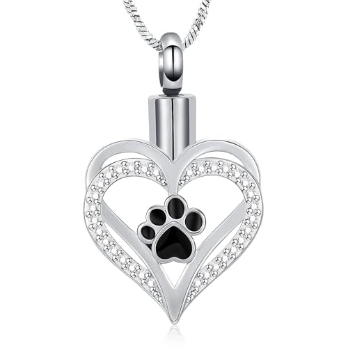 Yinplsmemory Pet Paw Print Heart Cremation Jewelry for Dog/Cat Ashes Keepsake Memorial Cremation Necklace Urn for Human/Pet Ashes - color: Silver