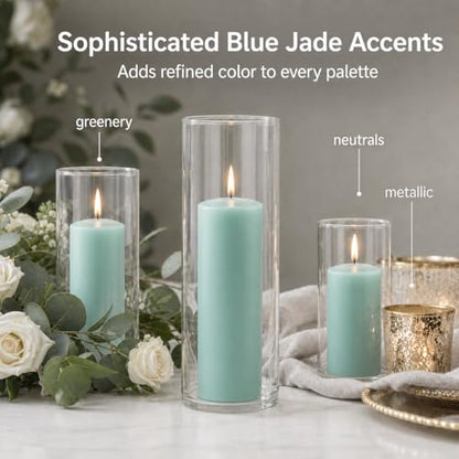 Yummi Set of 36 Slim Pillar Candles and Cylinder Vases - Blue Jade - color: Blue Jade