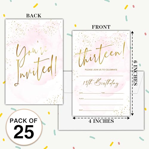 Birthday Invitations - 13th Birthday Invites with Envelopes(25-Count) - Pastel Gold Foil Fill-in Party Invite Cards for Girls Kids Party Supplies Favors Decorations - A22 - style: Pastel Gold Foil 13th