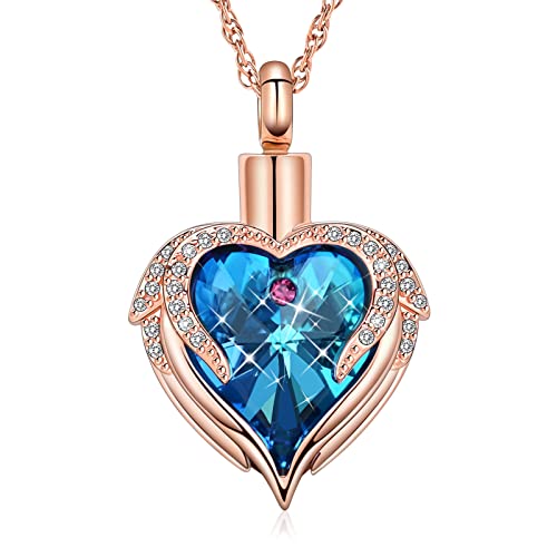 shajwo Angel Wing Heart Urn Necklace for Ashes | Cremation Jewelry, For Women, Memorial, Human Pet Ashes Pendant - color: Rose Gold-Blue