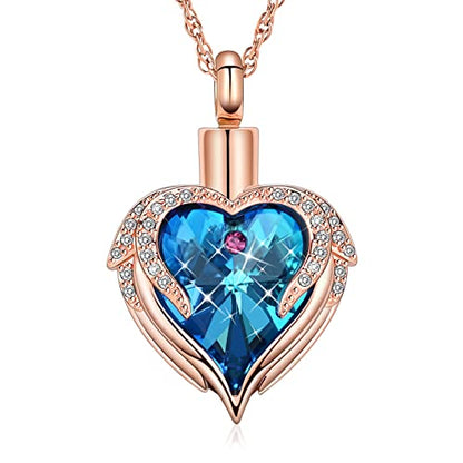 shajwo Angel Wing Heart Urn Necklace for Ashes | Cremation Jewelry, For Women, Memorial, Human Pet Ashes Pendant - color: Rose Gold-Blue