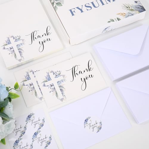 FYSUIMU 50Pcs Funeral Thank You Card Cross Flower Sympathy Boxed Thank You Card with Sticker Envelope Blue Floral Bereavement Cards for Memorial Service Loved Ones Celebration of Life