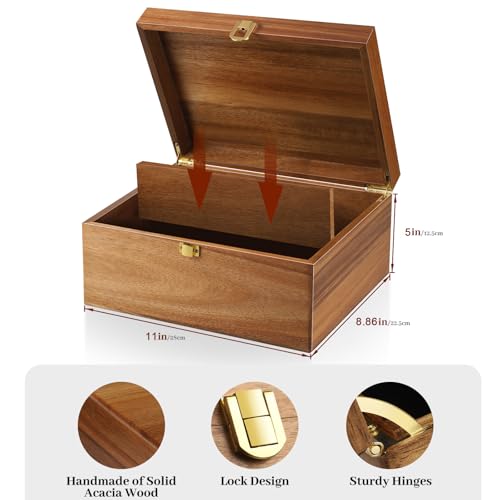 Wooden Keepsake Box, Large Acacia Decorative Storage Boxes | with a Hinged Lid, Memory Treasure Box with Dividers for Crafts and Photo Storage