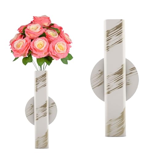Self Adhesive Wall Vase Metal Tube Decoration Holder Used to Display Dried Flower, Faux Flowers, Fake Flowers, Also Suitable for Cemetery Memorial Decoration (1 Pcs White Gold Stripe) - color: 1 Pcs White Gold Stripe