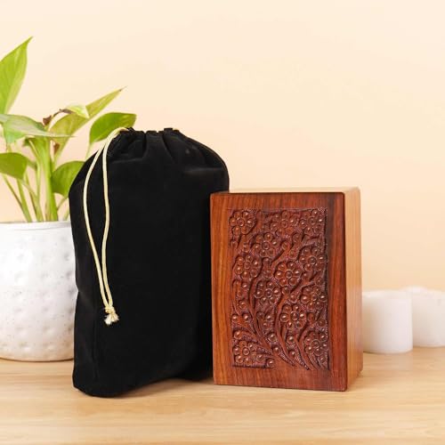 Hashcart Floral Wooden Cremation Urn Set of 3, 16/40/90 Lbs | Sheesham Rosewood, Slide-Open Lid, Velvet Bags, Adult Male Female, Family Sharing