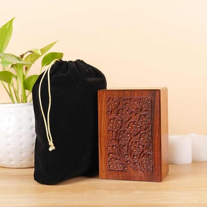 Hashcart Floral Wooden Cremation Urn Set of 3, 16/40/90 Lbs | Sheesham Rosewood, Slide-Open Lid, Velvet Bags, Adult Male Female, Family Sharing