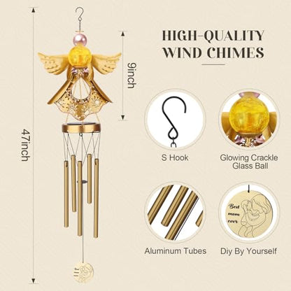 JYPS Angel Solar Wind Chimes, 40-Inch Large Waterproof Windchimes for Outside with Glowing Crackle Glass Ball, Garden Patio Yard Decor Mother's Day Birthday Unique Gifts for Women Mom Grandma Wife