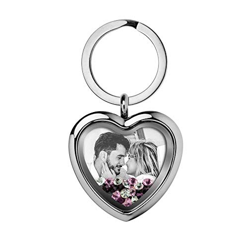 Custom Photo Text Engraved Heart Floating Living Locket Crystal Pendant Keychain - color: Purple - 1 Photo Engraving