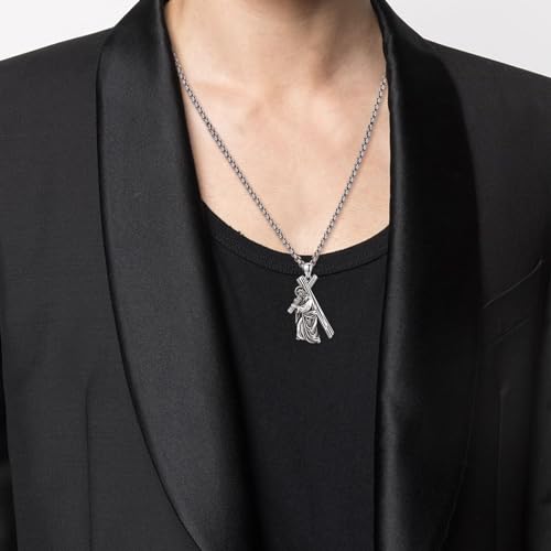 Crucifix Necklace for Men 925 Sterling Silver Jesus Cross Necklace Crucifix Cross Pendant Protection Jewelry for Men Women - style: A01-Carrying Cross-Silver