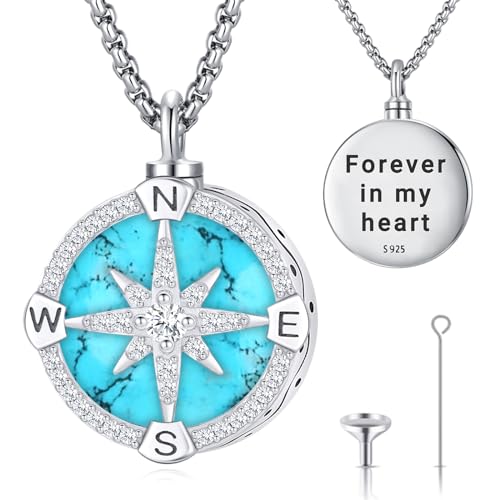 Compass Necklace for Women Men 925 Sterling Silver Pendant Urn Necklaces for Ashes Picture Locket Necklace Anchor Necklace Viking Necklace Crystals CZ Moonstone Abalone Shell Turquoise Compass Jewelry - color: T-C-Compass Urn Necklace, style: Urn Necklace