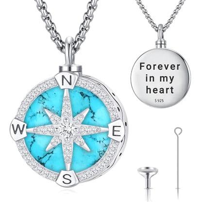 Compass Necklace for Women Men 925 Sterling Silver Pendant Urn Necklaces for Ashes Picture Locket Necklace Anchor Necklace Viking Necklace Crystals CZ Moonstone Abalone Shell Turquoise Compass Jewelry - color: T-C-Compass Urn Necklace, style: Urn Necklace