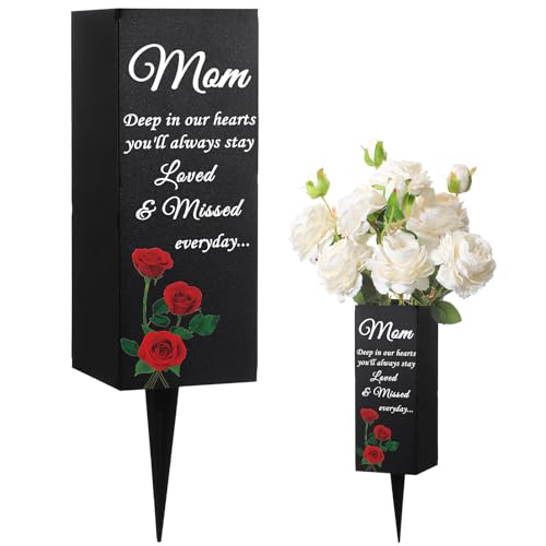 Geosar Mom Grave Decorations for Cemetery Metal Grave Vases Mother Memorial Cemetery Flower Holder with Spike Mom Floral Graveyard Decorations for Burial Ground Lawn Yard Funeral - style: Mom