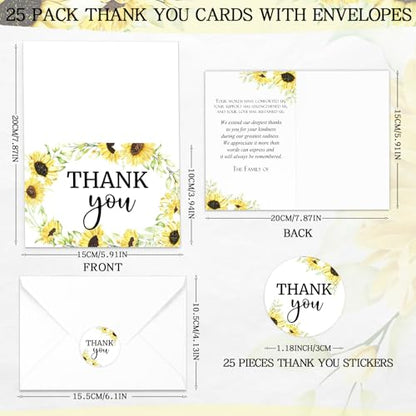 Marspark 25 Pack Sympathy Thank You Cards for Funeral with Envelopes Sticker and Message Memorial Bereavement Postcards for Loved Ones Family Friends Celebration of Life(Sunflower) - style: Sunflower