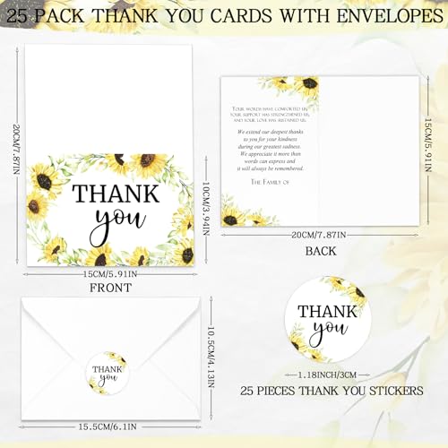 Marspark 25 Pack Funeral Thank You Cards Sympathy Envelopes, Sunflower | Bereavement Message Memorial Postcards with Stickers, for Loved Ones Family Friends, Celebration of Life - style: Sunflower