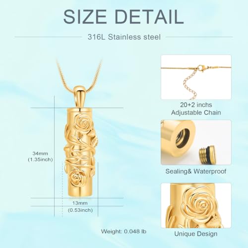 Cylinder Urn Necklace for Ashes Roseflower Cremation Jewelry Urn Ashes Necklace for Women Men Memorial Keepsake Necklace of Loved One - color: Gold