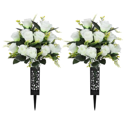 4 Bouquets White Artificial Cemetery Flowers with 2 Vase, Fake Rose Grave Flower for Cemetery Headstones Memorial Outdoor Decorations(White - color: White