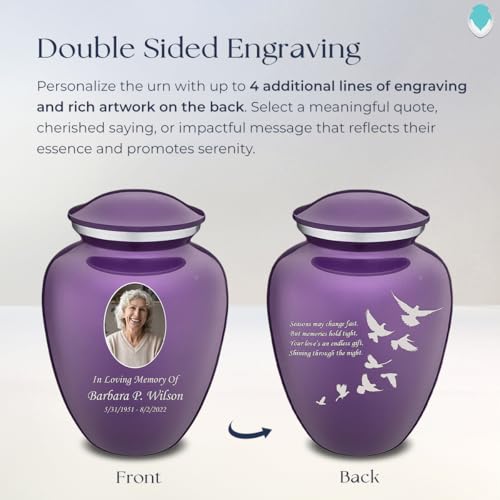 Embrace Adult Personalized Doves Cremation Urns for Human Ashes I Large Picture Purple Funeral Urn for Adult Men and Women with Double Side Engraving I 200 lbs - color: _Purple (Double Sided)