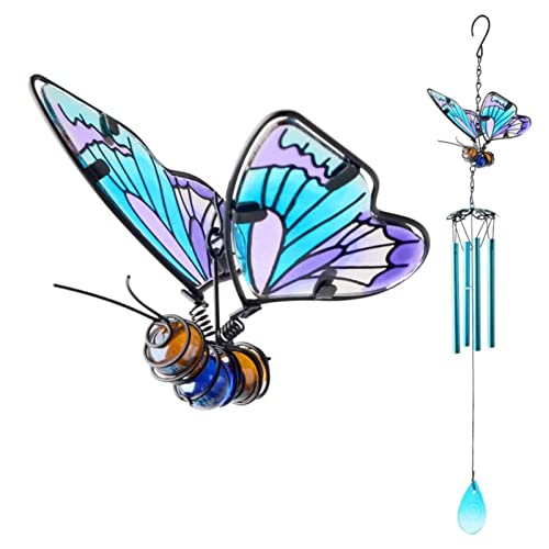 Butterfly Wind Chimes, AVEKI 27.5''H Iron Stained Glass Butterfly Wind Chimes Gifts for Mom Outdoor/Indoor Wind Chimes for Home, Garden, Window, Yard, Patio, Lawn Decoration (Blue) - color: Blue
